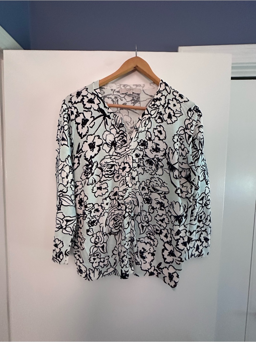 LOFT Black and White Floral Knit Cardigan